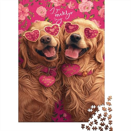 Puzzle für Erwachsene, Golden Retriever mit rosa Herzen, Holzpuzzle für Erwachsene und Teenager ab 12 Jahren, 1000 Teile (75 x 50 cm) von LBLmoney