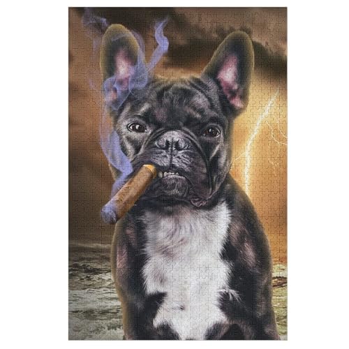 Französische Bulldogge mit Zigarre Puzzle 1000 Teile, Holzpuzzle Für Erwachsene Kinder, Impossible Puzzles, Geschicklichkeitsspiel 78×53cm von LCWWW