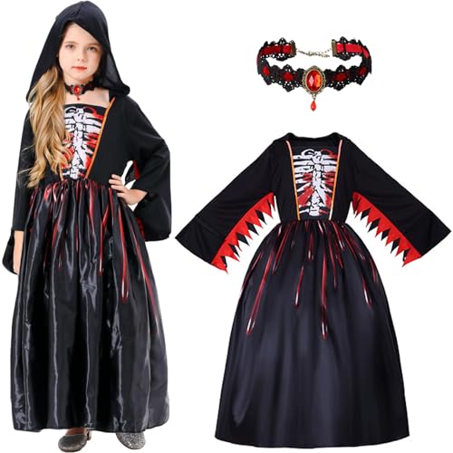 LCXYYY Hexen Kostüm mit Halskette Mädchen Fasching Verkleidung Mittelalter Gothic Vintage Vampir Königin Böse Hexe Skelett Kleid mit Kapuze Halloween Karneval Geburtstag Party für Kinder 5-14 Jahre von LCXYYY