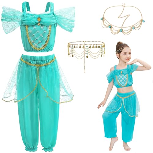 LCXYYY Jasmin Kostüm Mädchen Fasching Cosplay Arabisch Prinzessin Jasmin Bauchtanz Outfit Top und Hose mit Zubehör Anzug Halloween Weihnachten Karneval Festkleid für Kinder Geschenke 3-9 Jahre von LCXYYY