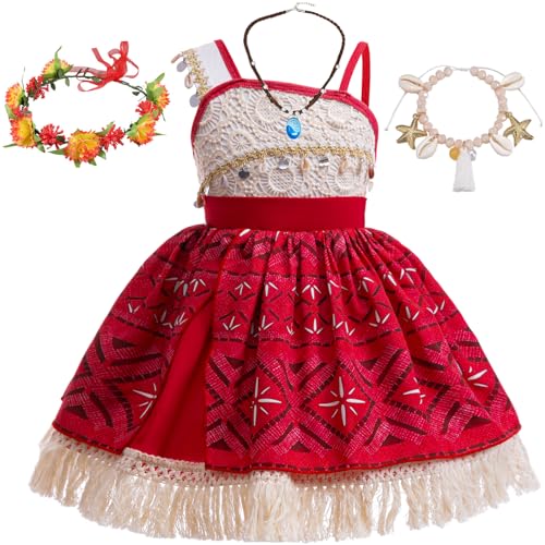 LCXYYY Mädchen Vaiana Kostüm Fasching Cosplay Prinzessin Vaiana 2 Fransen Festkleid mit Girlande Halskette Armband für Halloween Weihnachten Karneval Geburtstag Ballkleid Verkleidung Alter 2-11 Jahre von LCXYYY