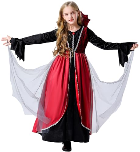 LCXYYY Mädchen Vampir Kostüm Fasching Cosplay Mittelalter Gothic Vintage Vampir Königin Böse Hexe Tüll Lange Abendkleider Dress up Halloween Karneval Geburtstag Party Verkleidung für Kinder Geschenke von LCXYYY