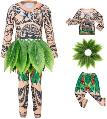 LCXYYY Maui Kostüm Jungen Fasching Vaiana Halbgötter Maui Druck Top Hose mit Blattgürtel Set 3 Stück Halloween Weihnachten Karneval Geburtstag Party Maui Kostüm Verkleidung für Kinder Alter 2-10 Jahre von LCXYYY