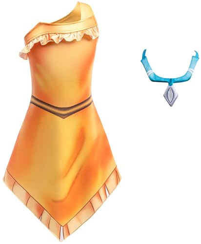 LCXYYY Pocahontas Kostüm Mädchen Fasching Cosplay Pocahontas Indische Prinzessin Matoaka One Shoulder Kleid mit Kette Anzug Halloween Weihnachten Karneval Festkleid für Kinder Geschenke 3-12 Jahre von LCXYYY