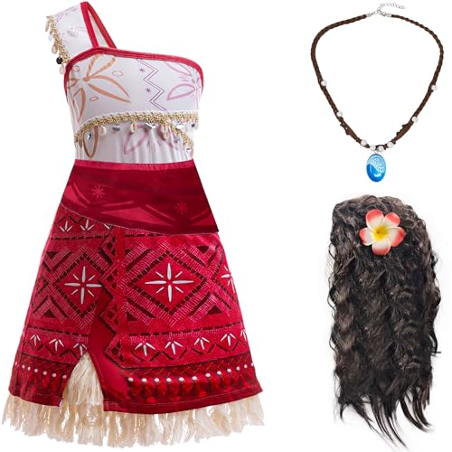 LCXYYY Vaiana Kostüm mit Perücke Kette Mädchen Cosplay Meer Prinzessin Vaiana 2 One Shoulder Fransen Festkleid für Halloween Weihnachten Karneval Geburtstag Ballkleid Verkleidung Alter 3-15 Jahre von LCXYYY