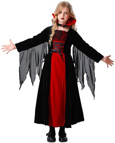 LCXYYY Vampir Kostüm mit Halskette Mädchen Fasching Cosplay Vampir Königin Böse Hexe Mittelalter Gothic Vintage Kleider Dress up Halloween Karneval Geburtstag Party Verkleidung für Kinder Geschenke von LCXYYY