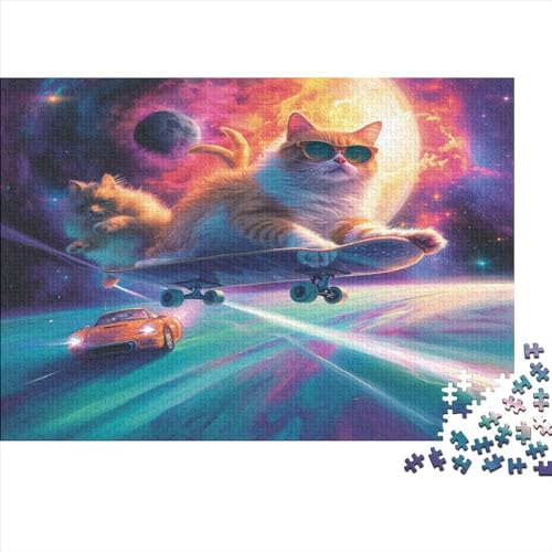 Puzzle mit 1000 Teilen, Katzen-Skateboard durch den Weltraum, Puzzle aus Holz, Zusammenbauspielzeug, interaktives Familienspiel, 1000 Teile (75 x 50 cm) von LCZLCZ