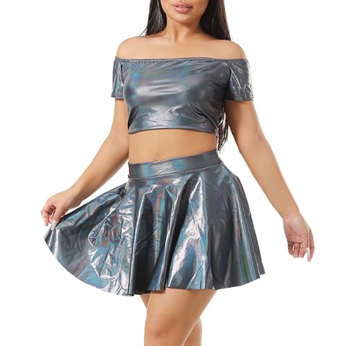 LCpddajlspig Alien Kostüm Set Glitzer, Alien Kostüm Damen Sexy Metallic Glitzer Crop Top+Mini Röcke Karneval Space Kostüm Disco Club Dancewear Halloween von LCpddajlspig