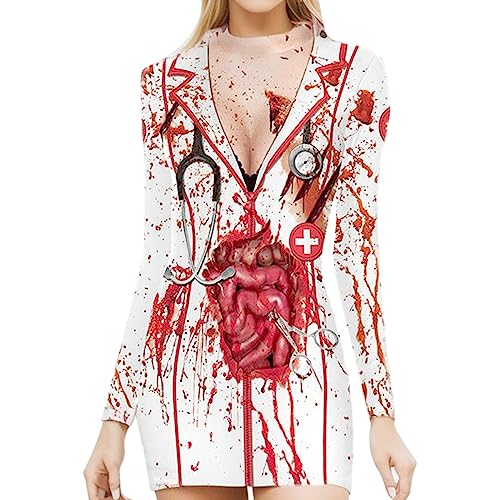 LCpddajlspig Halloween Kostüm Damen, Horror Kostüm Blutige Krankenschwester Kostüm Gruselig Zombie Krankenschwester Kostüm Halloween Kostüm Cosplay Krankenschwester Kostüm von LCpddajlspig