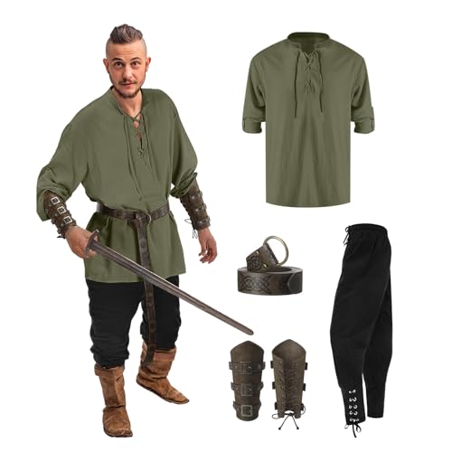 LCpddajlspig Herren Mittelalter Kostüm Hemd Viking Renaissance Viktorian Piraten Steampunk Cosplay Schnürhemd Top with Zubehör Wikinger Hose Männer Armschienen PU-Leder-O-Ring-Gürtel von LCpddajlspig