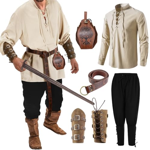 Mittelalter Kleidung Herren Set: Halloween Kostüm Wikinger Kleidung Mittelalter Kostüm Gothic Kleidung Samurai Ritter Cosplay Renaissance Kostüm Set Mit Piratenhemd Hose Gürtel Handgelenkgurt von LCpddajlspig