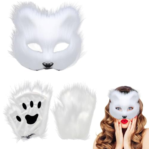 LDDYKZY Fuchsmasken Weiße Handschuhe Halbgesichts-Fuchsmaske Halloween Party Cosplay Kostüme Requisiten Katze Halbes Gesicht Masken Karneval Weihnachten Maskerade von LDDYKZY