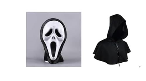 LDDYKZY Halloween Umhang Schrei Maske Halloween Gruselige Masken Halloween Maske Scream Schwarzer Kapuzenmantel Mit Kapuze Robe für Halloween-KostÜMparty Hexe Teufel Vampir KostÜM-Abendkleid von LDDYKZY