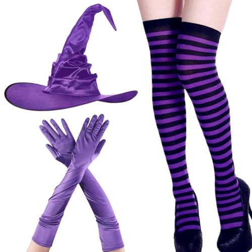 LDDYKZY Halloween Zauberer Pack Lila Hexen Hut Set Gestreifte Socken Handschuhe Kinder Mädchen Cosplay Party Kostüm Robe Fancy Kleid Kostüm Halloween Verkleiden von LDDYKZY