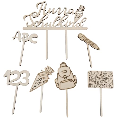 Tortendeko, 7 STK Holz Kuchendeko Schulanfang, Hurra Schulkind Tortendeko Einschulung, Cake Topper Einschulung, Schuleinführung Party Deko für Mädchen Junge Tortendeko, 7 STK Holz Kuchendeko Schulanfang, Hurra Schulkind Tortendeko Einschulung, Cake Topper Einschulung, Schuleinführung Party Deko für Mädchen Junge von LDDYKZY
