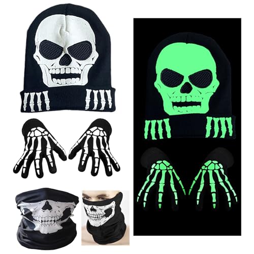 LDLXLHTE Halloween Glow in the Dark Skelett Hut Handschuhe Set Kostüm Schädel Glow Strickmütze Handschuhe Set für Rollenspiel Party, mit 1 Paar Skelett Gesichtsmaske von LDLXLHTE