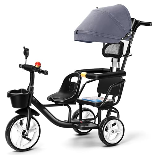 Dreiräder für Kleinkinder Alter 2-6 Kinder Vorschule Fahrrad, Twin Kinderwagen Dreirad mit geräumigen hinteren verstellbaren Sitz/abnehmbaren hinteren Schiebebügel/vergrößerte Pedale(Black) von LDSYNH