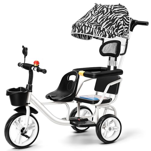 Dreiräder für Kleinkinder Alter 2-6 Kinder Vorschule Fahrrad, Twin Kinderwagen Dreirad mit geräumigen hinteren verstellbaren Sitz/abnehmbaren hinteren Schiebebügel/vergrößerte Pedale(White) von LDSYNH