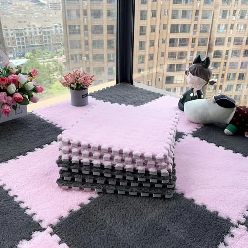 0,39" Dicke, Ineinandergreifende Plüsch Schaum-Bodenmatten, Weiche, rutschfeste Quadratische Schaumstoff Fliesen, Spielmatten-Puzzle-Teppich für Wohnzimmer und Schlafzimmer(Pink+Grey,24 pces) von LDZDGD