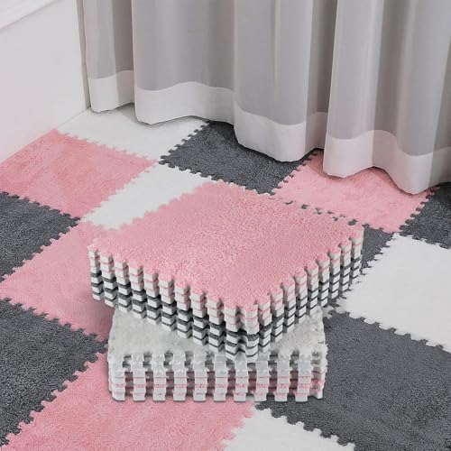 0,39 Zoll Dicke Schaumstoff-Bodenmatte, Ineinandergreifende Eva-Puzzle Fliesen, Waschbar und Leicht Zu Reinigen, Weicher Plüschteppich für Das Fitnessstudio Zu Hause(Pink+Gray+White,50 pces) von LDZDGD