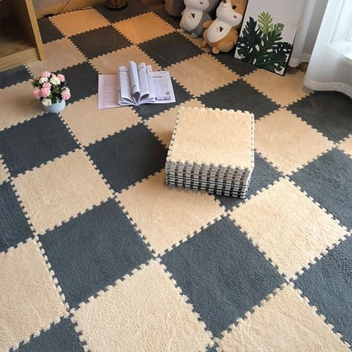 11,8 X 11,8 Zoll Schaumstoff-Puzzle-Bodenmatten, 0,39 Zoll Dicke Ineinandergreifende Plüschfliesen, Rutschfester, Waschbarer Flächenteppich(Beige+Gray,12 pces) von LDZDGD