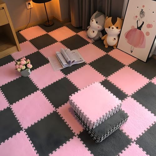 11,8 X 11,8 Zoll Schaumstoff-Puzzle-Bodenmatten, 0,39 Zoll Dicke Ineinandergreifende Plüschfliesen, Rutschfester, Waschbarer Flächenteppich(Gray+Pink,24 pces) von LDZDGD