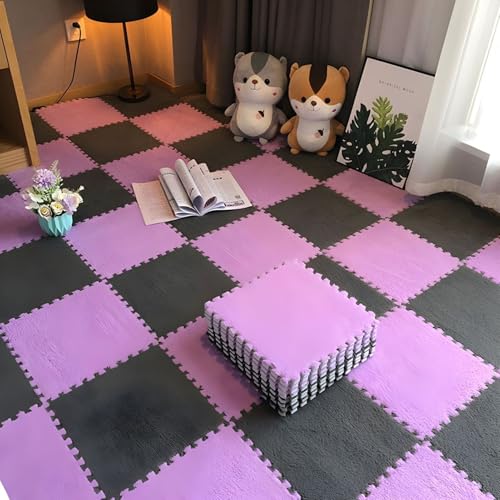 11,8 X 11,8 Zoll Schaumstoff-Puzzle-Bodenmatten, 0,39 Zoll Dicke Ineinandergreifende Plüschfliesen, Rutschfester, Waschbarer Flächenteppich(Gray+Purple,24 pces) von LDZDGD