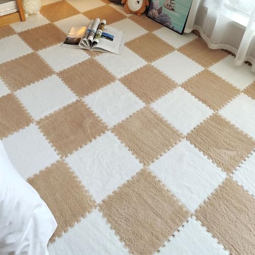 11,8 X 11,8 Zoll Schaumstoff-Puzzle-Bodenmatten, 0,39 Zoll Dicke Ineinandergreifende Plüschfliesen, Rutschfester, Waschbarer Flächenteppich(Light Brown+White,12 pces) von LDZDGD