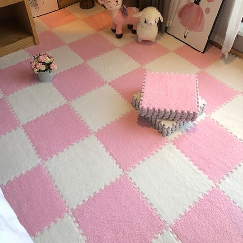 11,8 X 11,8 Zoll Schaumstoff-Puzzle-Bodenmatten, 0,39 Zoll Dicke Ineinandergreifende Plüschfliesen, Rutschfester, Waschbarer Flächenteppich(White+Pink,24 pces) von LDZDGD