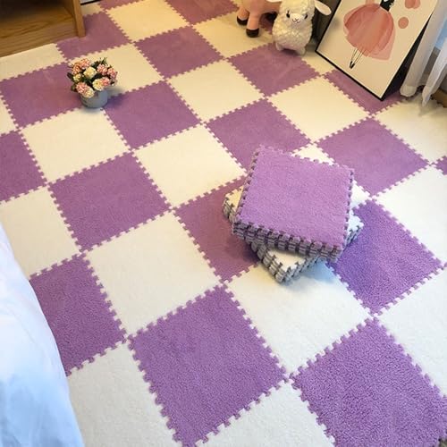 11,8 X 11,8 Zoll Schaumstoff-Puzzle-Bodenmatten, 0,39 Zoll Dicke Ineinandergreifende Plüschfliesen, Rutschfester, Waschbarer Flächenteppich(White+Purple,12 pces) von LDZDGD