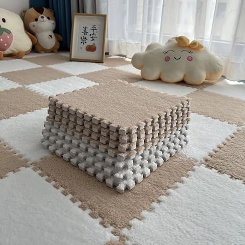 Bodenmatte Aus Plüsch Schaumstoff Fliesen, Ineinandergreifende Puzzle-Teppich-Spielmatte Als Dekoration für Wohnzimmer und Schlafzimmer, Rutschfester Bodenschutzteppich(Camel+White,12 pces) von LDZDGD