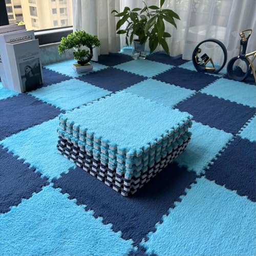 Bodenmatte Aus Plüsch Schaumstoff Fliesen, Ineinandergreifende Puzzle-Teppich-Spielmatte Als Dekoration für Wohnzimmer und Schlafzimmer, Rutschfester Bodenschutzteppich(Dark Blue+Light Blue,24 pces) von LDZDGD