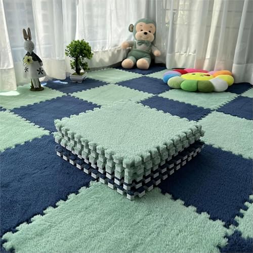 Bodenmatte Aus Plüsch Schaumstoff Fliesen, Ineinandergreifende Puzzle-Teppich-Spielmatte Als Dekoration für Wohnzimmer und Schlafzimmer, Rutschfester Bodenschutzteppich(Green+Dark Blue,12 pces) von LDZDGD