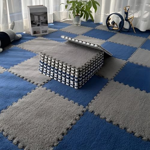 Bodenmatte Aus Plüsch Schaumstoff Fliesen, Ineinandergreifende Puzzle-Teppich-Spielmatte Als Dekoration für Wohnzimmer und Schlafzimmer, Rutschfester Bodenschutzteppich(Grey+Dark Blue,12 pces) von LDZDGD