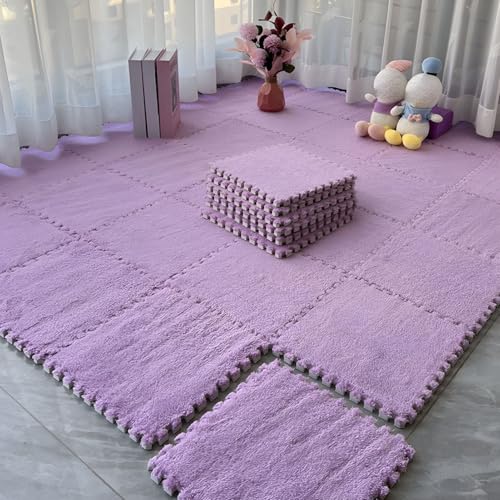 Bodenmatte Aus Plüsch Schaumstoff Fliesen, Ineinandergreifende Puzzle-Teppich-Spielmatte Als Dekoration für Wohnzimmer und Schlafzimmer, Rutschfester Bodenschutzteppich(Light Purple,12 pces) von LDZDGD