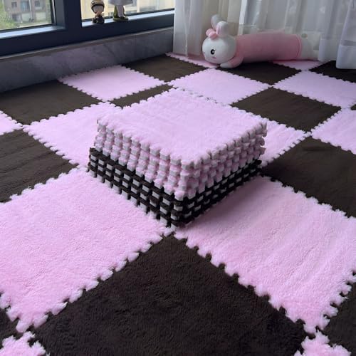 Bodenmatte Aus Plüsch Schaumstoff Fliesen, Ineinandergreifende Puzzle-Teppich-Spielmatte Als Dekoration für Wohnzimmer und Schlafzimmer, Rutschfester Bodenschutzteppich(Pink+Black,12 pces) von LDZDGD