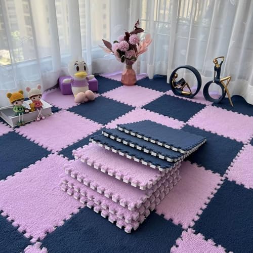 Bodenmatte Aus Plüsch Schaumstoff Fliesen, Ineinandergreifende Puzzle-Teppich-Spielmatte Als Dekoration für Wohnzimmer und Schlafzimmer, Rutschfester Bodenschutzteppich(Pink+Dark Blue,12 pces) von LDZDGD