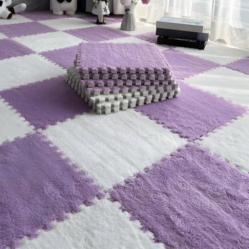 Bodenmatte Aus Plüsch Schaumstoff Fliesen, Ineinandergreifende Puzzle-Teppich-Spielmatte Als Dekoration für Wohnzimmer und Schlafzimmer, Rutschfester Bodenschutzteppich(Purple+White,24 pces) von LDZDGD