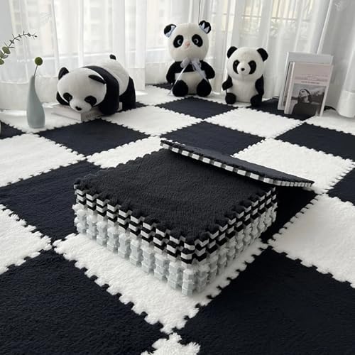 Bodenmatte Aus Plüsch Schaumstoff Fliesen, Ineinandergreifende Puzzle-Teppich-Spielmatte Als Dekoration für Wohnzimmer und Schlafzimmer, Rutschfester Bodenschutzteppich(White+Black,24 pces) von LDZDGD