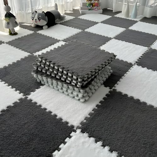 Bodenmatte Aus Plüsch Schaumstoff Fliesen, Ineinandergreifende Puzzle-Teppich-Spielmatte Als Dekoration für Wohnzimmer und Schlafzimmer, Rutschfester Bodenschutzteppich(White+Grey,12 pces) von LDZDGD