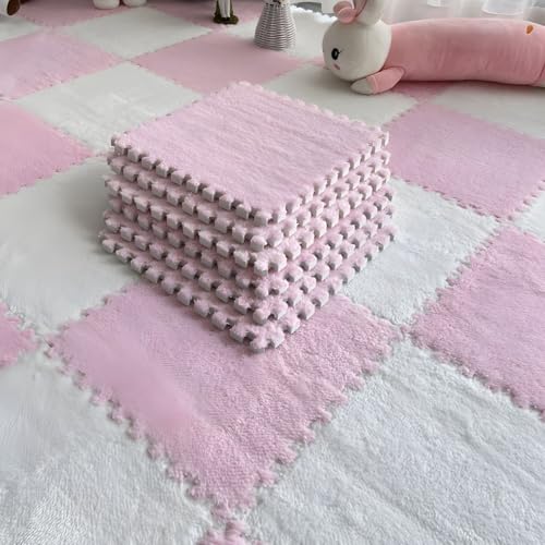 Bodenmatte Aus Plüsch Schaumstoff Fliesen, Ineinandergreifende Puzzle-Teppich-Spielmatte Als Dekoration für Wohnzimmer und Schlafzimmer, Rutschfester Bodenschutzteppich(White+Pink,12 pces) von LDZDGD