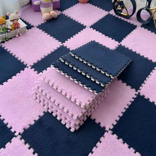 Bodenmatte aus Weichem Puzzle-Schaumstoff, 0,39 Zoll Dicke, Ineinandergreifende Teppichfliesen für Schlafzimmer, Wohnzimmer, Spielzimmer – rutschfest und Waschbar(Dark Blue+pink,12 pces) von LDZDGD