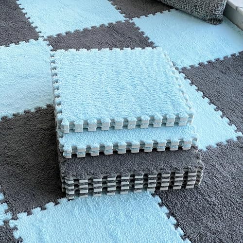 Bodenmatte aus Weichem Puzzle-Schaumstoff, 0,39 Zoll Dicke, Ineinandergreifende Teppichfliesen für Schlafzimmer, Wohnzimmer, Spielzimmer – rutschfest und Waschbar(Gray+Light Blue,100 pces) von LDZDGD