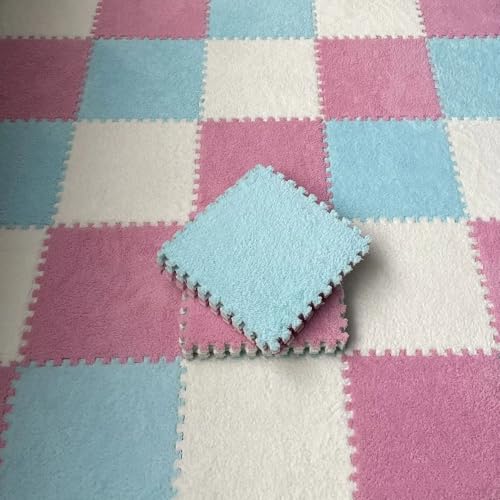 Bodenmatte aus Weichem Puzzle-Schaumstoff, 0,39 Zoll Dicke, Ineinandergreifende Teppichfliesen für Schlafzimmer, Wohnzimmer, Spielzimmer – rutschfest und Waschbar(Light Blue+pink+White,100 pces) von LDZDGD