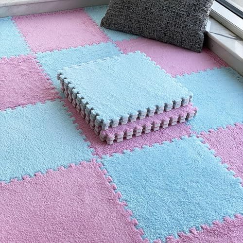 Bodenmatte aus Weichem Puzzle-Schaumstoff, 0,39 Zoll Dicke, Ineinandergreifende Teppichfliesen für Schlafzimmer, Wohnzimmer, Spielzimmer – rutschfest und Waschbar(Light Blue+pink,100 pces) von LDZDGD