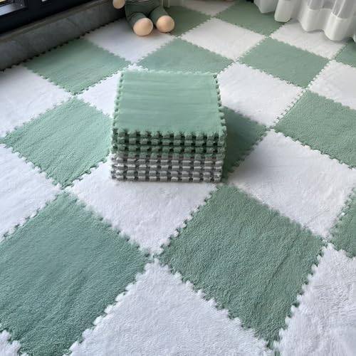 Bodenmatte aus Weichem Puzzle-Schaumstoff, 0,39 Zoll Dicke, Ineinandergreifende Teppichfliesen für Schlafzimmer, Wohnzimmer, Spielzimmer – rutschfest und Waschbar(Light Green+White,50 pces) von LDZDGD