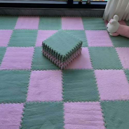 Bodenmatte aus Weichem Puzzle-Schaumstoff, 0,39 Zoll Dicke, Ineinandergreifende Teppichfliesen für Schlafzimmer, Wohnzimmer, Spielzimmer – rutschfest und Waschbar(Light Green+pink,24 pces) von LDZDGD