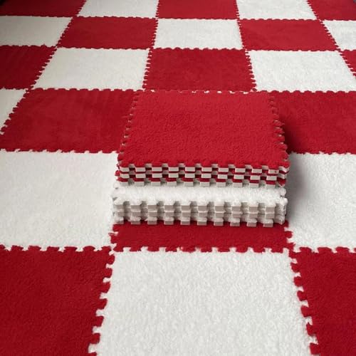 Bodenmatte aus Weichem Puzzle-Schaumstoff, 0,39 Zoll Dicke, Ineinandergreifende Teppichfliesen für Schlafzimmer, Wohnzimmer, Spielzimmer – rutschfest und Waschbar(Red+White,100 pces) von LDZDGD