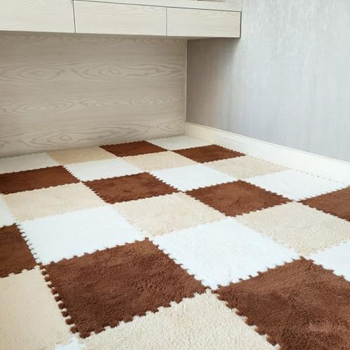 Flauschige Plüsch-Bodenmatte, Ineinandergreifende Puzzle-Schaumstoff Fliesen, Rutschfester, Waschbarer Fläche Teppich für Spielzimmer, Schlafzimmer, Wohnzimmer, Heimdekoration(Dark Brown+White+Coffee, von LDZDGD