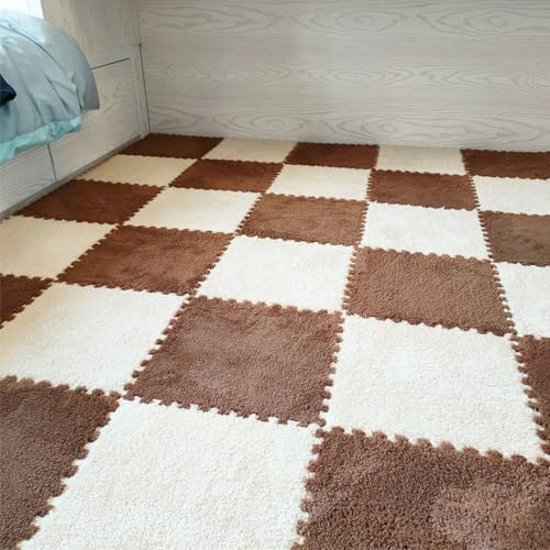 Flauschige Plüsch-Bodenmatte, Ineinandergreifende Puzzle-Schaumstoff Fliesen, Rutschfester, Waschbarer Fläche Teppich für Spielzimmer, Schlafzimmer, Wohnzimmer, Heimdekoration(Dark Brown+White,24 pces von LDZDGD